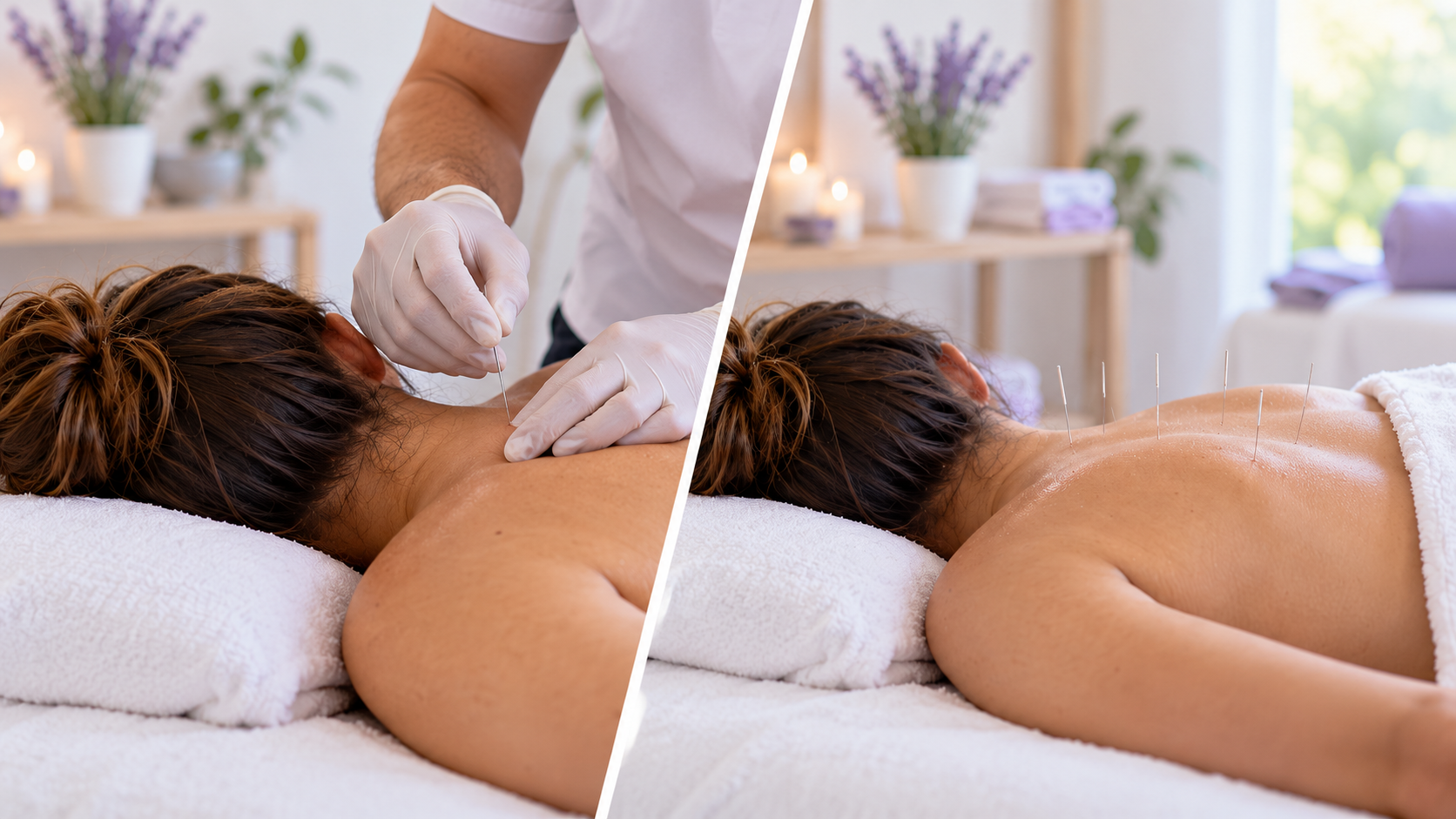 Split image comparing dry needling into a shoulder trigger point with acupuncture needles along the upper back, at PREP Physio Ballsbridge