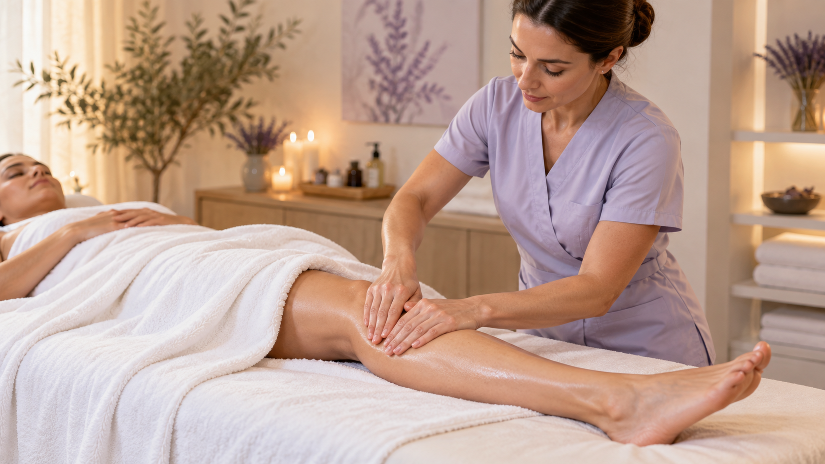 Therapist performing gentle manual lymphatic drainage massage on a client’s lower leg in a calm clinic room