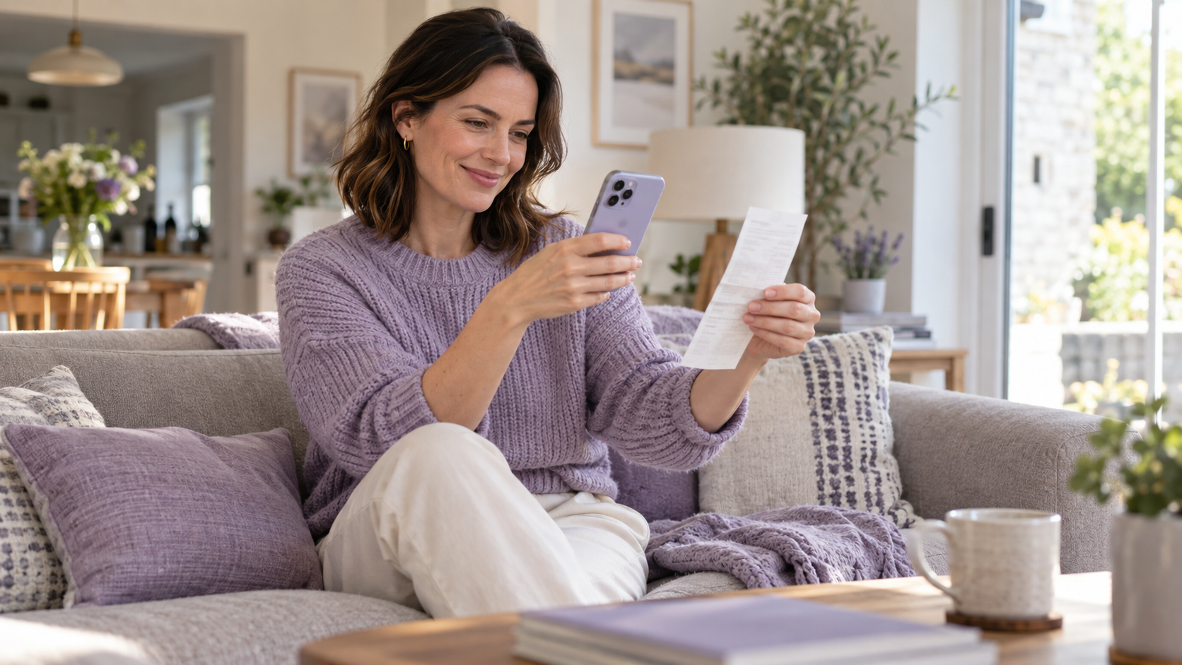 Woman on her sofa photographing a physiotherapy receipt with her phone to claim back on her health insurance